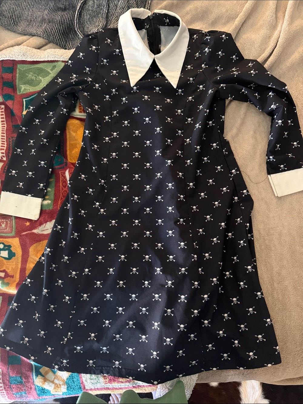 Black Dress with White Collar and Cuff Skull Print